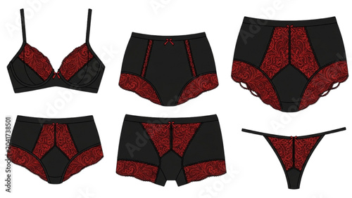 Quadro su tela A set of 2D CAD Vector lingerie including a bra, boyshorts, and thongs