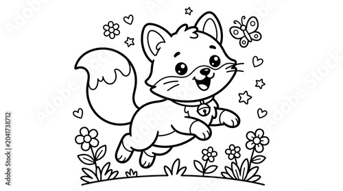 Cute cartoon squirrel jumping in air with flowers and butterflies around
