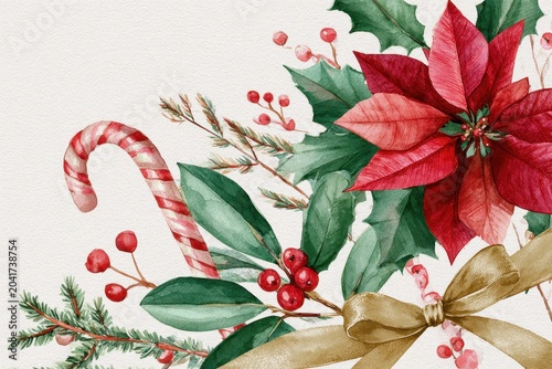 Winter botanical art: poinsettia and holly cluster with mistletoe, candy cane and bow for design, print and background