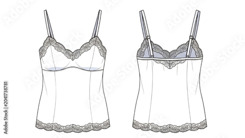 Cuadro en lienzo 2D CAD Vector illustration of two sheer camisoles with lace trim