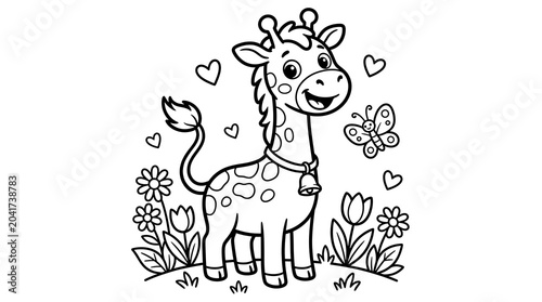 Giraffe standing in flowers with butterfly and hearts around  cute animal illustration