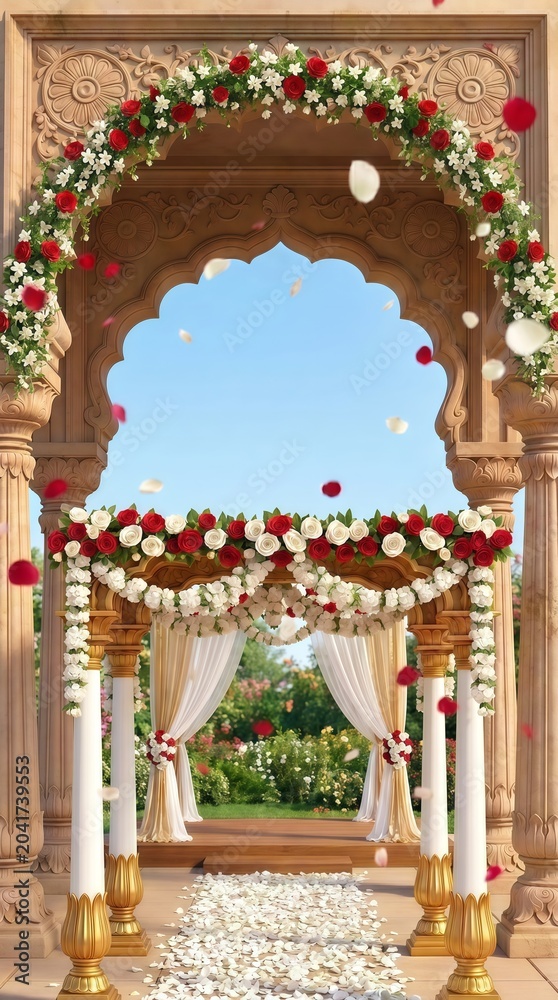 Fototapeta premium Wedding Invitation Mandap Decorated with Red and White Roses and Petals Template Background