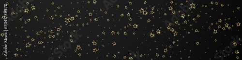 Gold sparkling star confetti. Chaotic dreamy childish overlay template. Festive stars illustration on black background.
