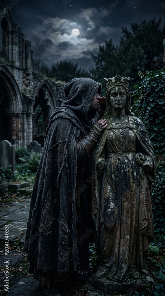Fototapeta premium Hooded Figure Whispering Secrets to a Statue at Night