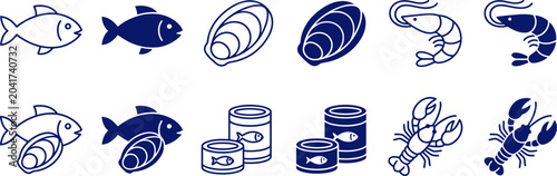 Tableau sur toile Seafood icons including fish shellfish and crustaceans in blue line art on white