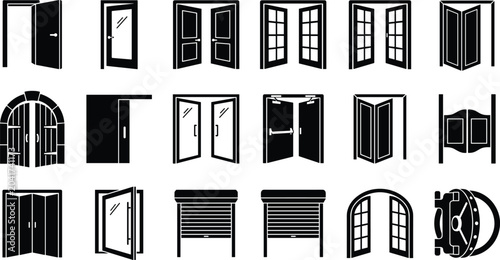 Black Silhouette Door Collection Set Flat Icon Vector Illustration Including Vault Garage Arch Folding Sliding and French Door Designs