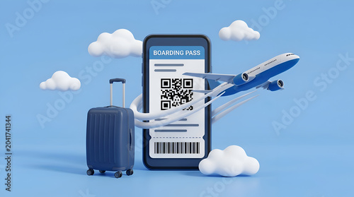 Travel and Tourism digital boarding pass on phone with airplane and luggage, representing modern air travel and holiday planning