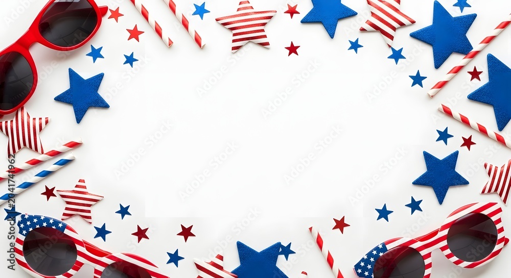 Obraz premium Happy 4th of july independence day patriotic decorations with stars stripes and sunglasses