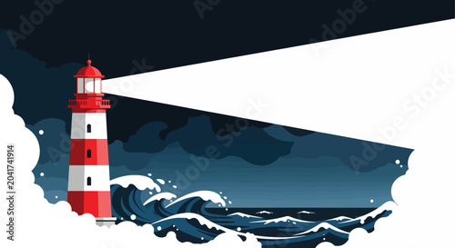 Illustration of a red and white lighthouse on a rocky coastline at night with a beam of light shining out to sea.