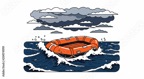 Illustration of an orange life preserver floating on turbulent blue water with white waves under a stormy gray and white cloudy sky.