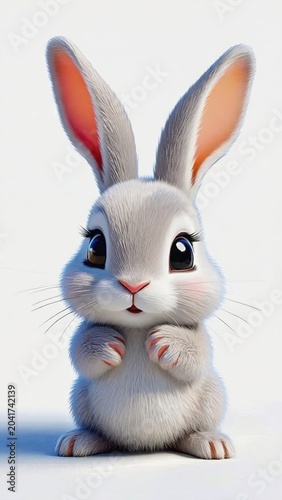 A small, shy bunny covers its face with paws, showcasing a timid expression in a minimalist white setting.
