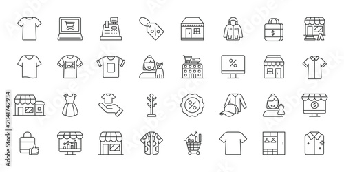 Fashion retail icons in line design. fashion retail, clothing store, apparel, shopping, boutique, online shopping, clothes sale on white background vector. Fashion retail editable stroke icons