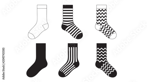 Sock Pair Icons in Black and White with Stripes and Zigzags, Simple Pattern Design Set for Fashion and Laundry Graphics