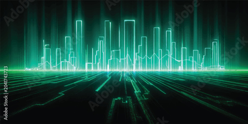 Foto Abstract blue digital background with binary code and glowing line waves showing