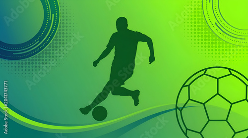 Dynamic Soccer Player Silhouette in Action Against Vibrant Green Gradient Background with Abstract Circular Patterns and Stylized Football Element