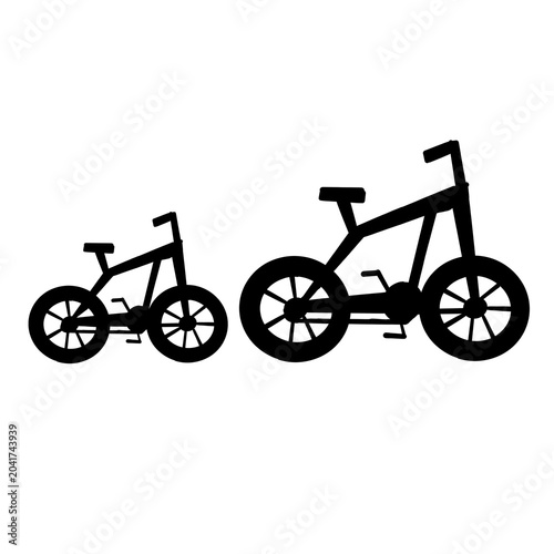 Minimalist hand-drawn black and white illustration of two bicycles in different sizes, featuring a small child’s bike beside a larger adult bicycle.