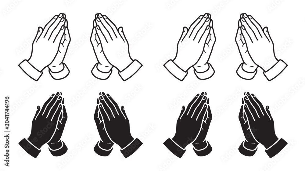 Αυτοκόλλητο Hands Clasped in Prayer Gesture with Crossed Fingers, Minimal Line Art Icons on