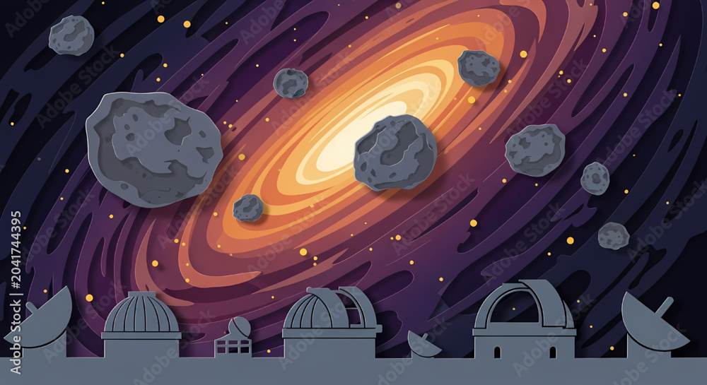 Obraz premium Observatory and Asteroids in Space for Asteroid Day