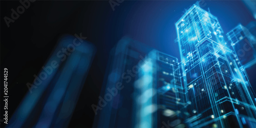 An abstract blue and light background with rays creates a futuristic digital technology design featuring a matrix pattern of data for modern internet business communication