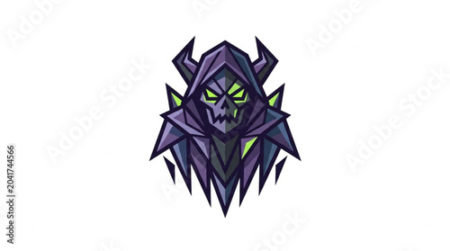 Photos Dark hooded figure with skull face and glowing green eyes.