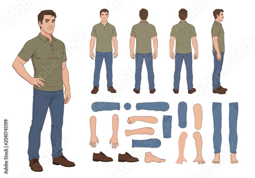 Character design sheet of a young man in casual clothing
