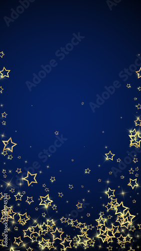 Twinkle stars scattered around randomly, flying, falling down, floating. Christmas celebration concept. Festive stars illustration on dark blue background.