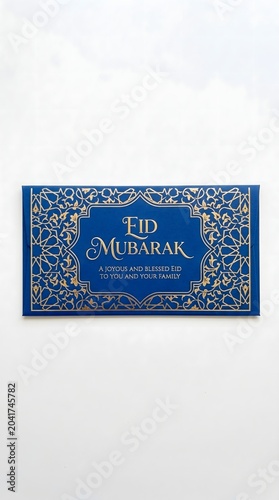 Blue envelope with ornate gold decorative border and festive eid mubarak greeting showing elegant style