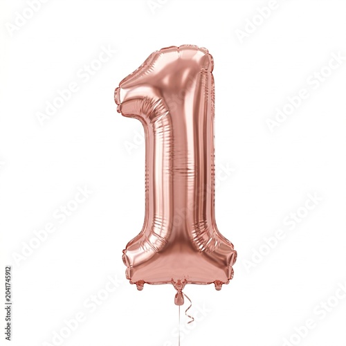 Rose Gold Metallic Foil Balloon Floating Against White Background with Reflective Light