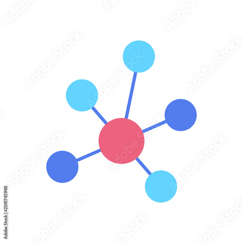 Molecule model icon with central atom and connected particles. Chemical structure symbol representing molecular science, chemistry research and laboratory education