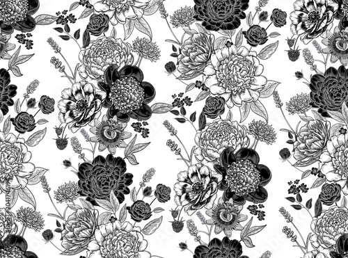 Seamless pattern. Black and white floral background. Template for creating fabrics, textiles, wallpaper, and paper. Peonies, roses, lavender. Floral garlands. Vintage graphics. Vector.