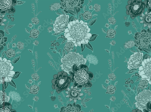 Seamless pattern with peonies, roses, and lavender. Flower green background. Template for creating fabrics, textiles, wallpaper, and paper. Floral garlands. Vintage graphics. Vector.