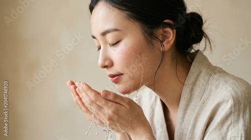 Young woman applying facial skincare serum in soft natural light close-up portrait
