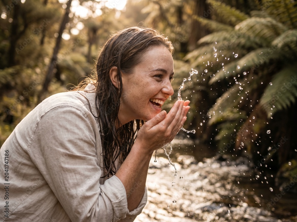 Fototapeta premium Young woman enjoying natural skincare facial treatment with water splash in outdoor forest setting