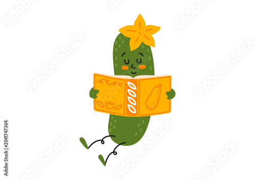 Cucumber reading a book. Smart vegetable character for children education, and farming market design.
