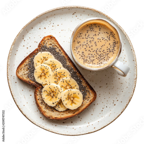 Healthy morning breakfast featuring fresh sliced bananas on toasted bread with a warm coffee cup