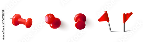 Quadro su tela Red thumbtack pin icons with shadow, 3d realistic vector set isolated on white background