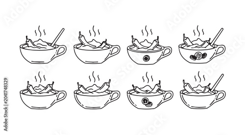 Hot Bean Soup Bowls with Steam and Spoon Line Art Collection