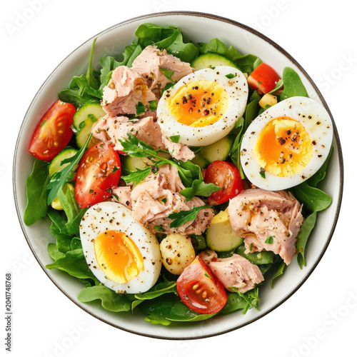 Nutritious tuna salad bowl with boiled eggs cucumber and cherry tomatoes for a balanced diet
