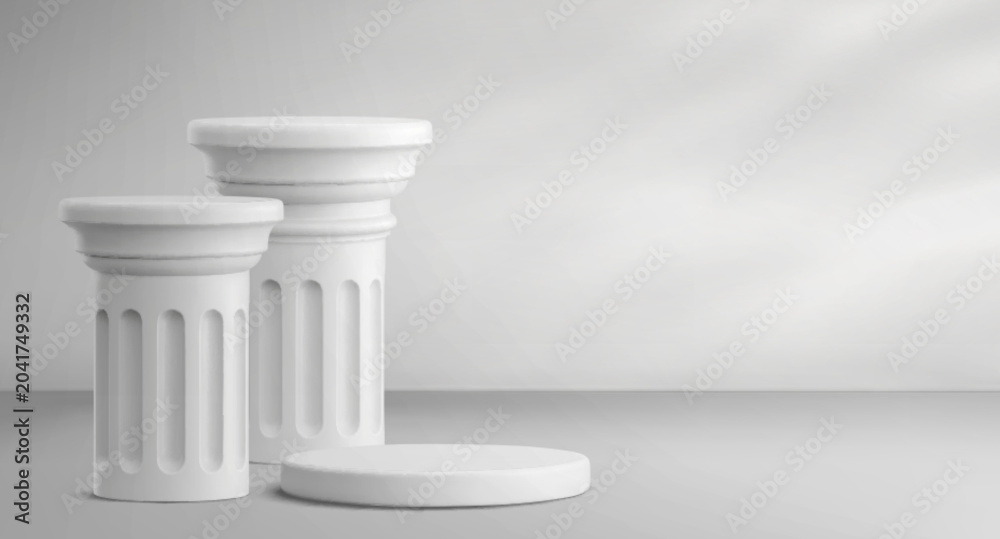 Naklejka premium White marble stone roman podium, classic greek column stand for presentation, 3d realistic vector background. Ancient pillar pedestal for premium product display, museum exhibition, empty round base