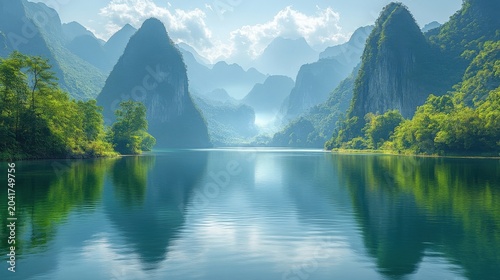 Misty Morning Over a Serene Tropical Lake Surrounded by Lush Green Karst Mountains in Thailand