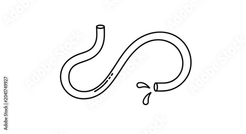 Leaking garden hose dripping water droplets on a white background showing damaged outdoor watering equipment illustration.