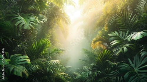 Lush Tropical Rainforest Canopy Bathed In Golden Sunlight With Misty Atmosphere