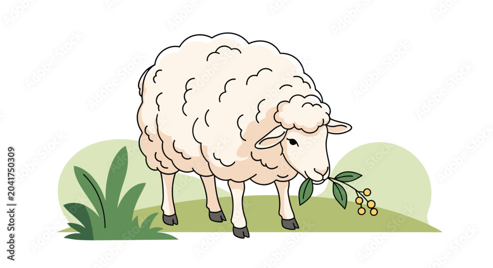 Obraz premium Fluffy white sheep grazing on a green hill and eating a small branch with yellow berries in a peaceful pastoral scene.