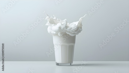 Milk splash in clear glass with dynamic droplets frozen mid motion against minimalist gray background