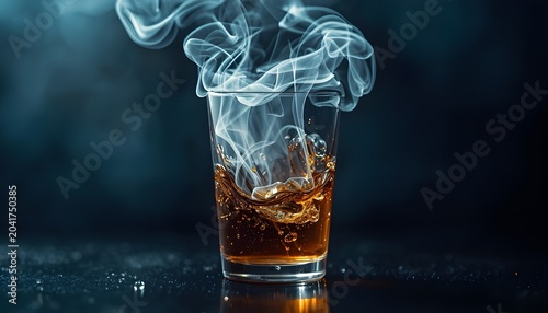 Amber whiskey drink in clear glass with swirling liquid and rising smoke plume against dark dramatic background