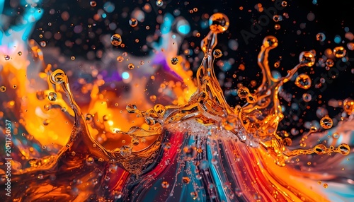 Dynamic splash of colorful liquid with orange red and blue hues frozen in motion against dark abstract background