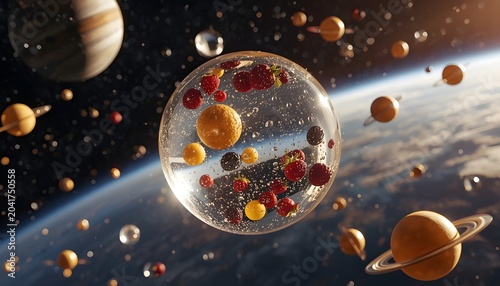 Surreal cosmic sphere with planets and molecular structures floating in outer space illuminated horizon