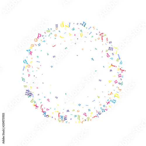 Concept of school background. Colorful childish falling letters of English language. Foreign languages study concept. Back to school banner on white background.