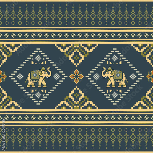 Photography Pixel elephant pattern featuring blue and yellow elephants on decorative backgro