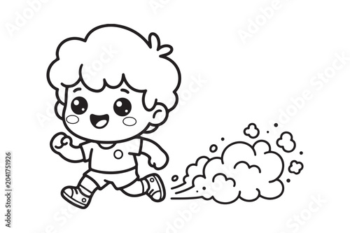 Cute cartoon boy running with speed clouds outline illustration
